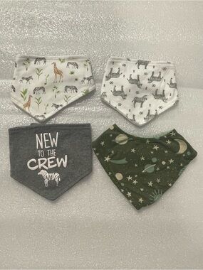 4-Pack Baby Bandana Bibs in Green, Gray & White Safari and Space Prints